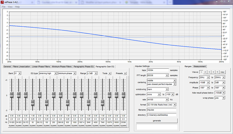 courbe cible légère en 1/3 d'octave, Q=0.25, avec atténuation 1.6 dB sur 5 bandes