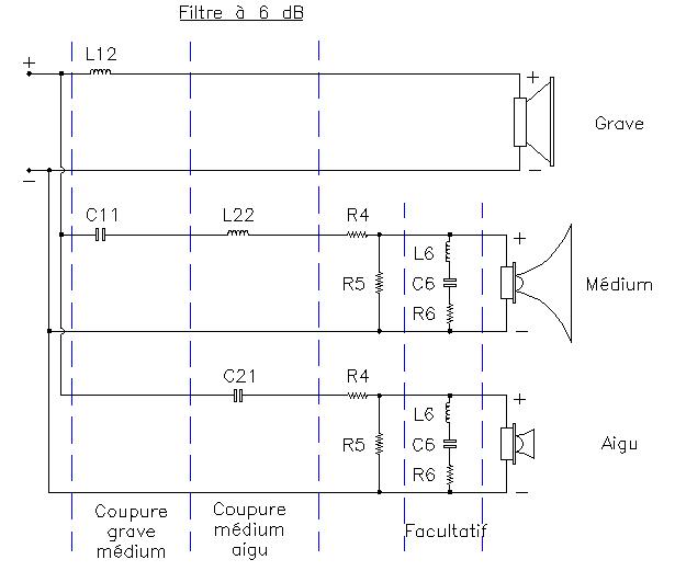 plan du filtre 3 voies à 6 dB/octave