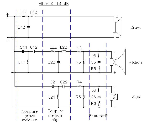 plan du filtre 3 voies à 18 dB/octave